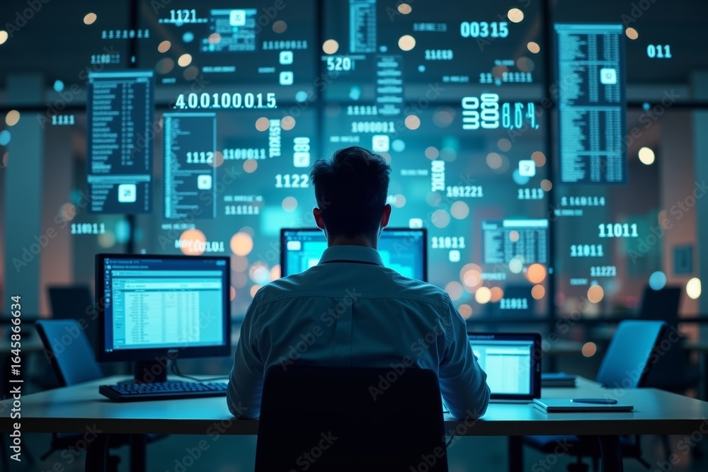 Poster embracing the advanced complexity of modern online invoicing systems: a businessperson surrounded by