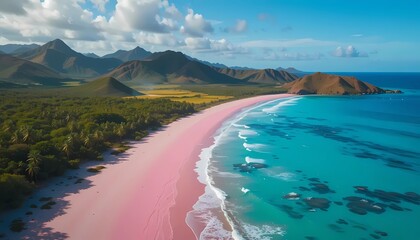 view of the Pink Beach shoreline in Komodo Island, Indonesia, featuring soft pink sand, gentle turquoise waves, and tropical hills under warm afternoon sunlight.