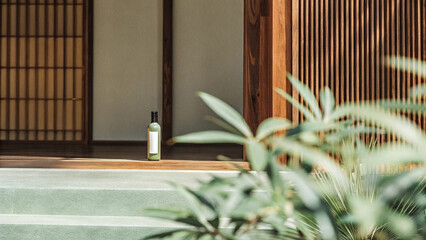A green bottle with a white label stands on a wooden step, framed by traditional Japanese architecture and soft green foliage in the foreground.   © Logos