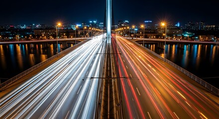 Night cityscape with bridge and light trails, showcasing the vibrant urban scene with modern architecture and long exposure photography capturing the movement of traffic