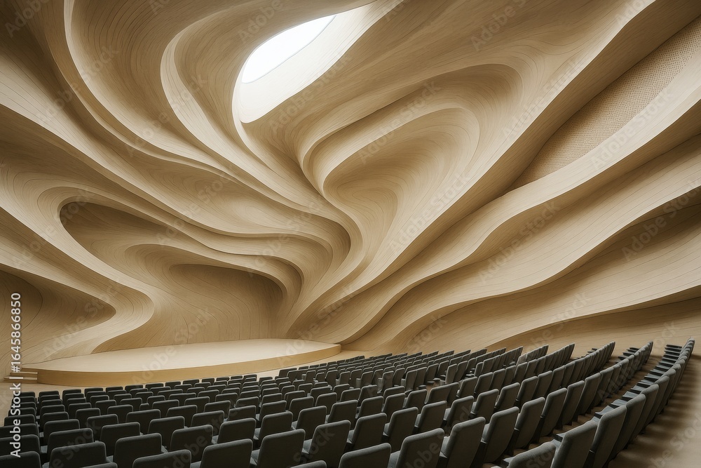 Poster abstract wooden auditorium interior with fluid architectural curves and skylight creating soft natur