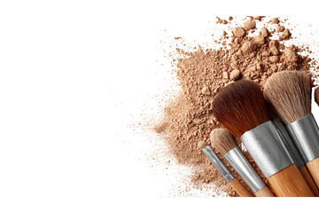 Makeup brush set with powder on a white  isolated on a transparent background in PNG format.