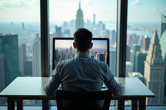Reflection of Cityscape from a Businessman's High-Rise Office Desk