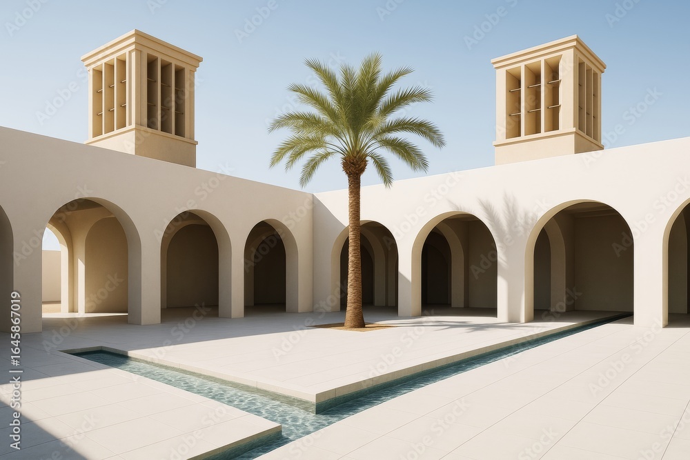 Poster traditional courtyard with arches, palm tree, and wind towers in minimalist architecture under clear