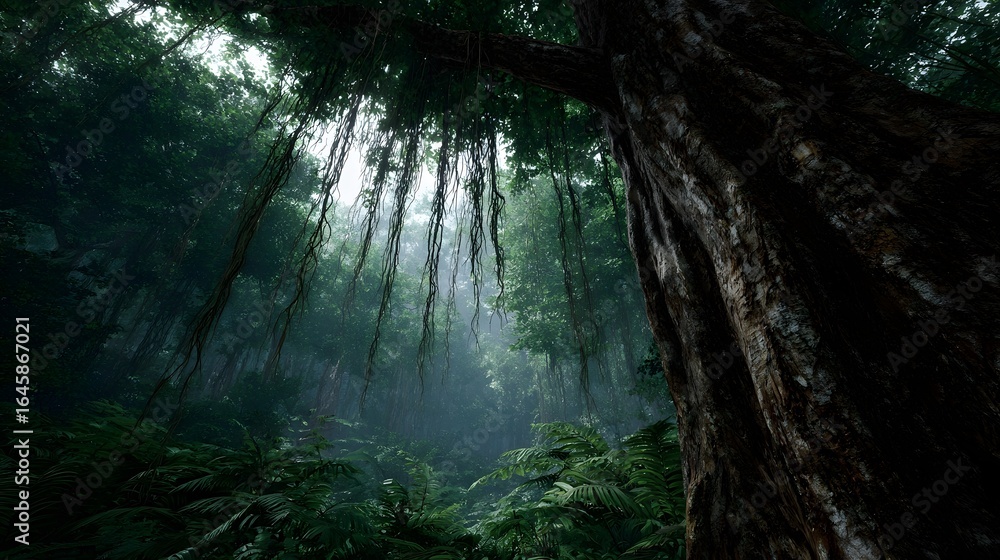 Poster towering rainforest tree with cascading vines and ethereal lighting