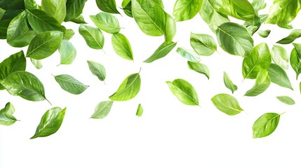 Vibrant green leaves falling against a stark white background, creating a refreshing and lively image
