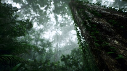 Fototapeta premium Majestic rainforest tree with hanging vines and filtered lighting