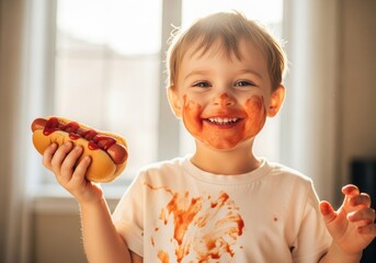 Joyful child enjoying messy hot dog with ketchup indoors
