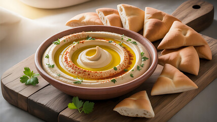 Creamy Hummus Delight Served with Warm Pita Bread Triangles on Rustic Wooden Boards A Culinary Masterpiece