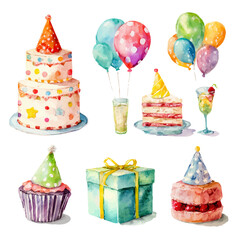 Birthday Decorations, watercolor painting, vector illustration, isolated on a white background.