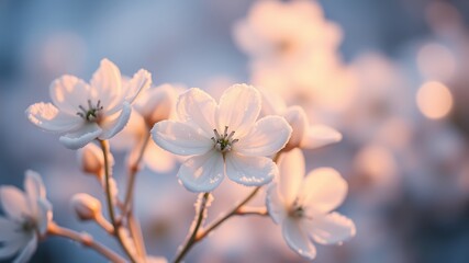 Delicate White Frost Covered Flowers Soft Pastel Sunrise Light Botanical Macro Photography white flowers