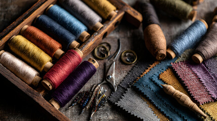 Still life of colorful wool spools, fabric swatches and sewing notions for textile arts, laid out on a textured surface