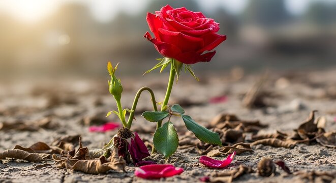 A vibrant red rose grows from cracked, dry earth, symbolizing resilience and hope against a blurred background. - Powered by Adobe