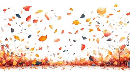 Vibrant autumn leaves swirling and falling against a white backdrop, creating a dynamic seasonal scene