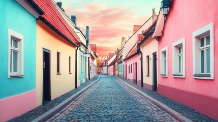 Old European street scene in pastel palette with grainy postcard overlay