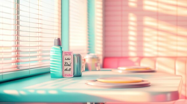 Grainy photo of a pastel diner with postcard script and faded sunlight