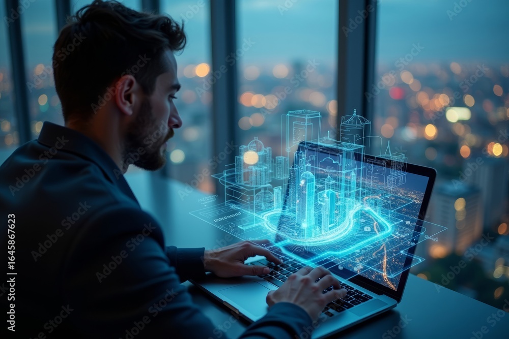 Poster man using holographic gps map to navigate future cityscape