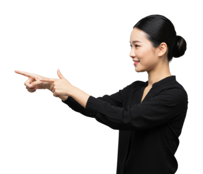 Woman pointing at something important in a bright studio setting demonstrating interaction and engagement. Cut out png
