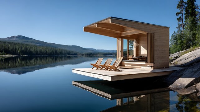 Modern lakeside cabin with serene water reflection and mountain backdrop invites ultimate relaxation - Powered by Adobe