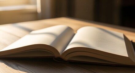 Fototapeta premium Open book lying on a wooden table with sunlight streaming through a window, illuminating the blank pages.