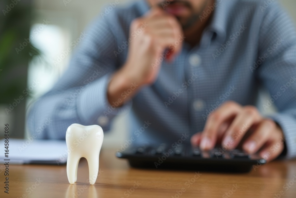 Poster man thoughtfully calculating bill with single white tooth on desk