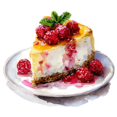 Watercolor vector illustration of Cheesecake, isolated on white background.