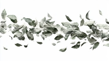A stream of grey leaves floats against a white backdrop, creating a sense of motion and ethereal beauty