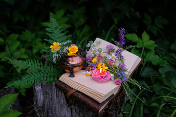burning flower candle, copper cauldron, witch book, and flowers in forest. spring summer season. botany, study of wild herbs, flowers. Green witch magic. witchcraft. spiritual esoteric practice