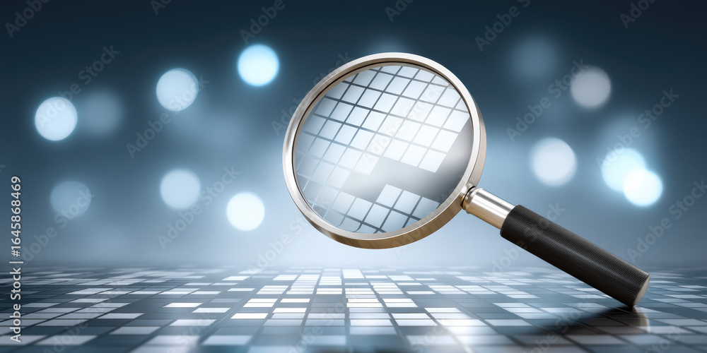 Poster magnifying glass focusing on semiconductor chip pattern with blue bokeh background showing detailed 