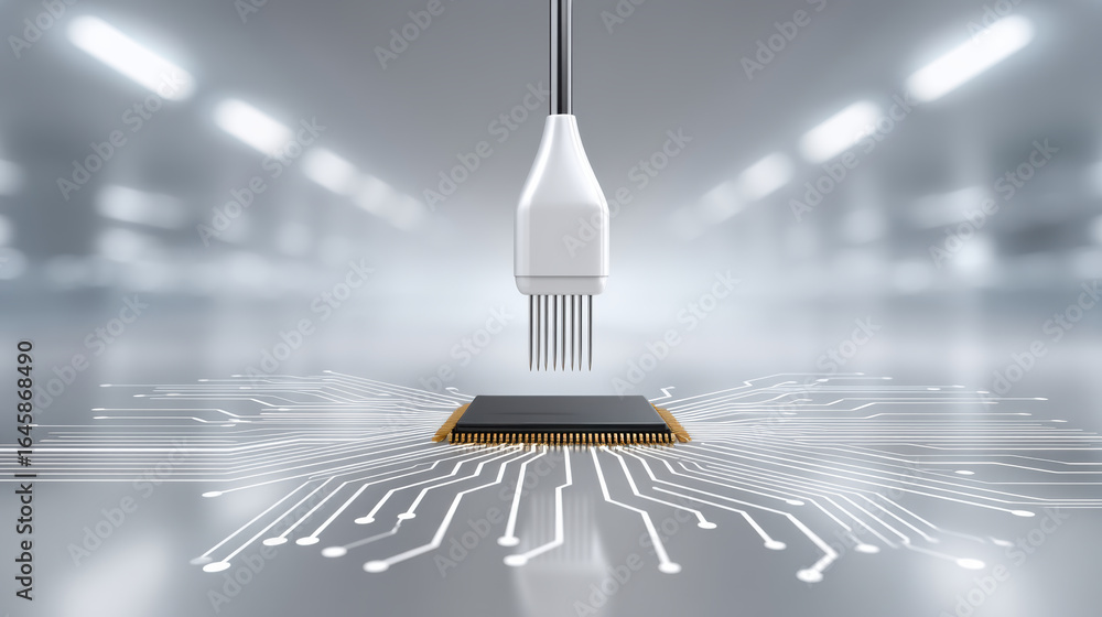 Poster semiconductor chip with probe needle on circuit board in technology lab for electronic testing and d