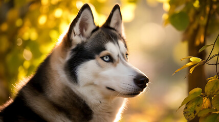 Serene Husky Portrait Captures Autumnal Beauty Sunlight Illuminates a Majestic Siberian Husky Against a Backdrop of Golden Fall Foliage