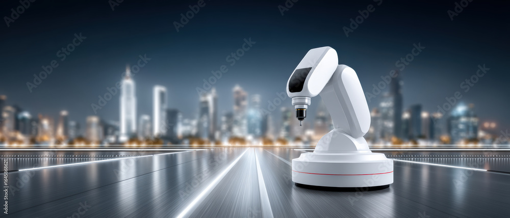 Aufkleber robotic arm with semiconductor technology stands reflective surface with blurred cityscape backgroun