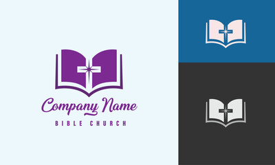 Crucifix Cross with Open Book Bible and Star for Christian God Way Church logo design
