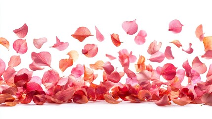Pink and orange petals falling and resting on a white background.  A gentle, delicate scene suggesting springtime or celebration
