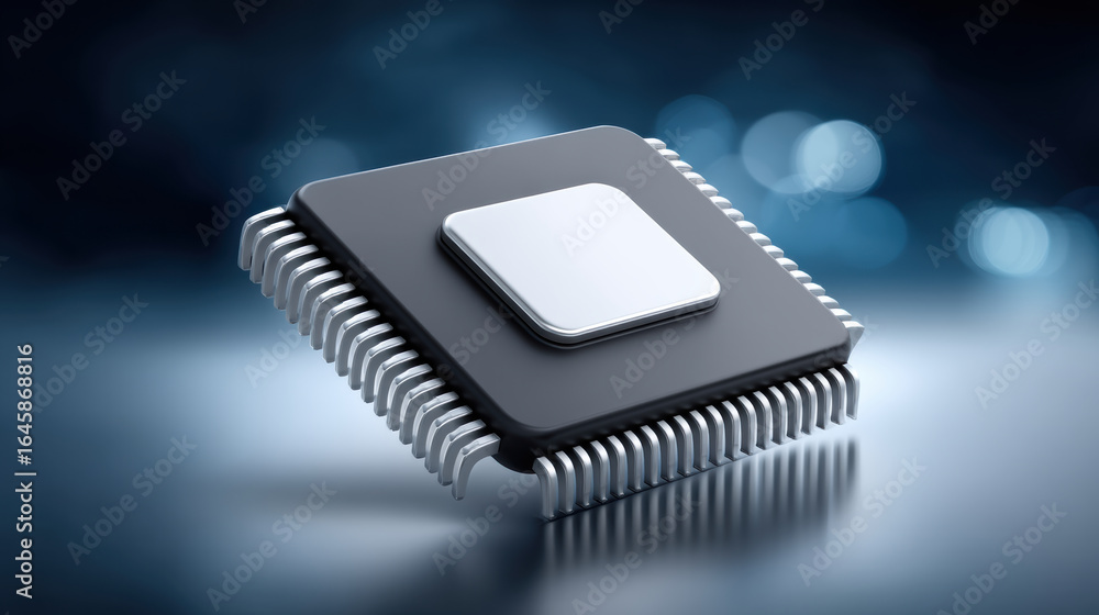 Poster semiconductor chip with metallic pins on blurred background showing technology and innovation in ele