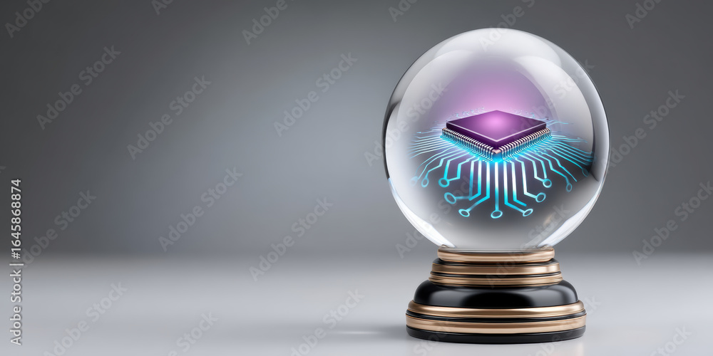 Poster semiconductor chip inside glass sphere metallic base with glowing circuit lines symbolizing technolo