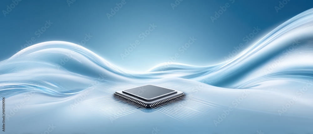 Poster semiconductor chip on smooth blue surface with flowing wave lines representing technology and innova