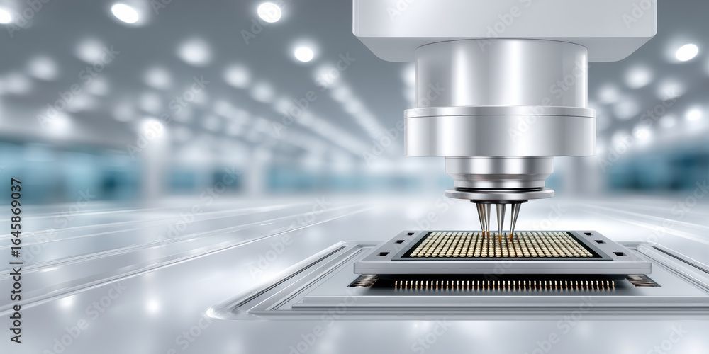 Poster semiconductor manufacturing process with precision machinery assembling microchip components in clea