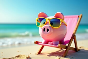 Obraz premium Pink Piggy Bank Relaxing in Stylish Eyeglasses on Beach Chair with Ocean Wave Splash