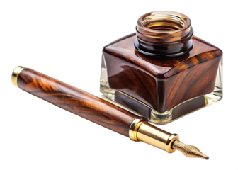  vintage fountain pen and inkwell isolated on white background PNG , AI GENERATED