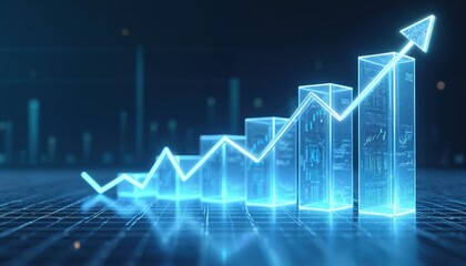 Financial data visualization displays market dynamics with gradient bars, momentum analytical elements. Rising arrow indicates growth, investment, trading trends. Clean, modern design with blue,
