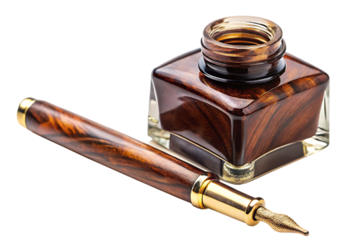 vintage fountain pen and inkwell isolated on white background PNG , AI GENERATED