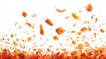 A vibrant autumn scene showcasing numerous orange and red leaves falling and accumulating on a white background.  The leaves are various sizes and display autumnal hues
