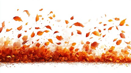 A vibrant autumn scene featuring numerous falling and grounded leaves in shades of orange and brown against a stark white backdrop