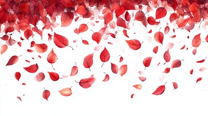 Falling red leaves against a white background, creating a vibrant autumnal scene.  The leaves vary in size and opacity, suggesting movement and a sense of season change