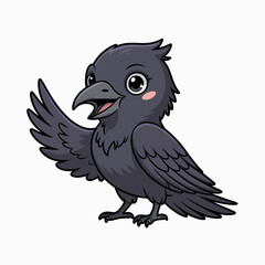 Cute cartoon crow character with wings spread, cheerful expression, black feathers, playful design, friendly animal illustration