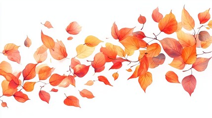 Watercolor painting of autumn leaves swirling on a white background.  Orange, red, and yellow leaves create a dynamic, flowing composition