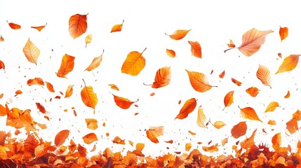 A vibrant collection of autumn leaves in various shades of orange and yellow, dynamically scattered against a pristine white backdrop