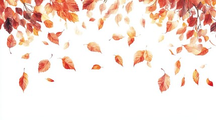 Falling autumn leaves in warm, orange, and red hues against a white background, creating a vibrant seasonal design