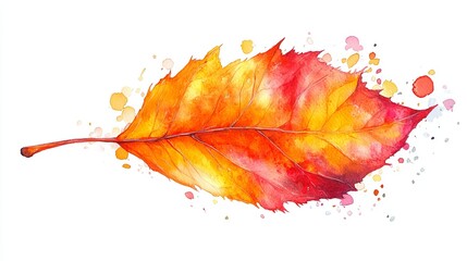Watercolor painting of a vibrant autumn leaf with a splash background
